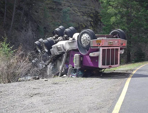 Front view of overturned semi