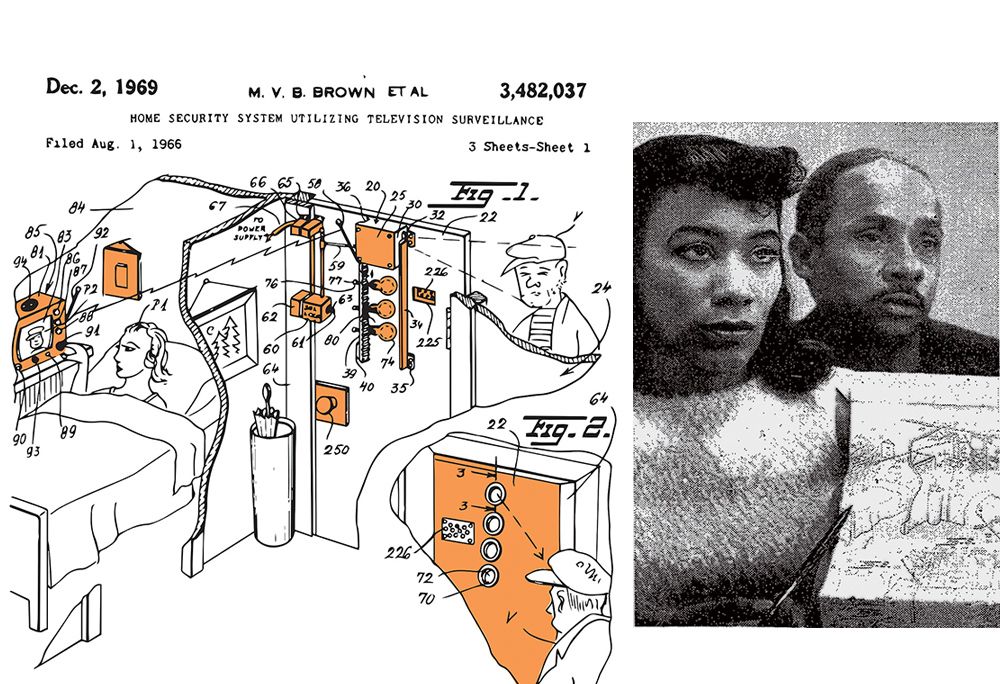 patent application for home-security system and an image of a woman and a man displaying the patent