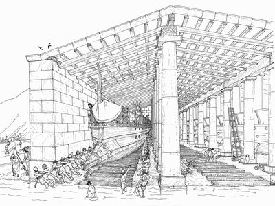 A drawing of one of the Athenian ship sheds built in the harbors of Piraeus