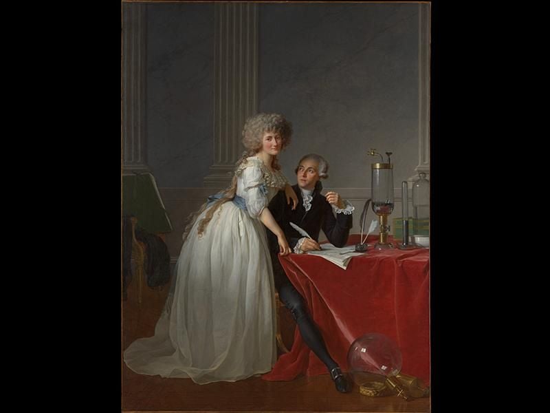 A stately portrait of a woman leaning over a desk draped with red cloth, where a man wearing a suit sits and writes, surrounded by elegant scientific equipment