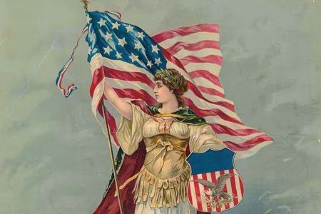 The indomitable Lady Columbia defends the United States with her snazzy patriotic shield, c. 1890.