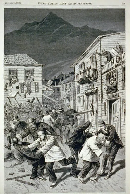 Newspaper drawing of anti-Chinese riot in Denver in 1880