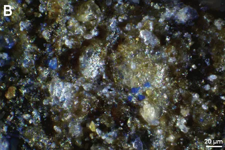 A magnified view of tiny specks of blue residue found on a Paleolithic stone artifact
