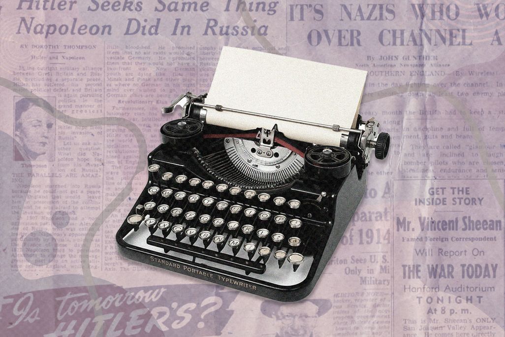 Typewriter against background of featured journalists' newspaper articles