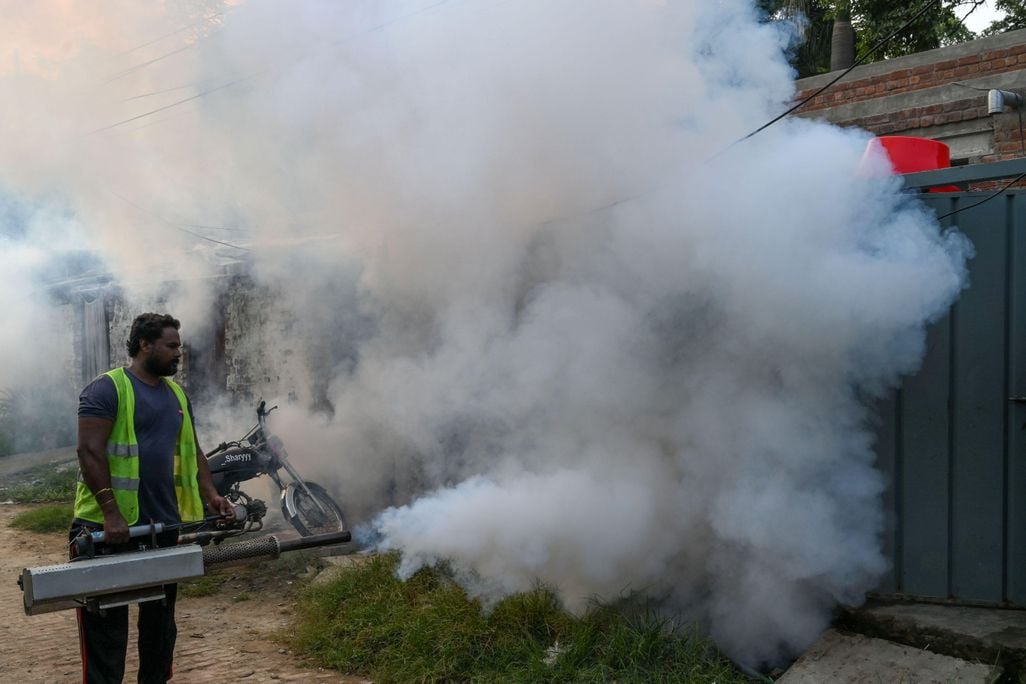 Health worker fumigates residence in Lahore