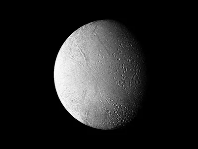 Saturn&#39;s moon Enceladus, represented in a composite of several images taken by NASA&#39;s Voyager 2 probe