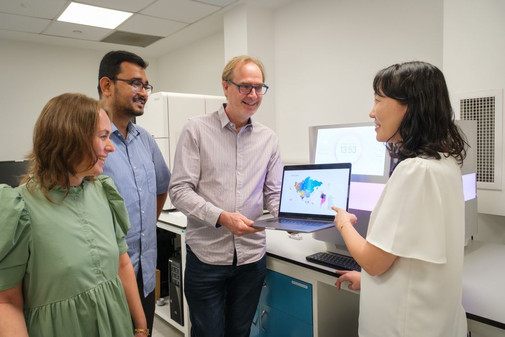 Two women and two men looking at laptop with map on it