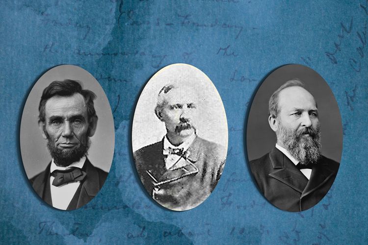 Portraits of Abraham Lincoln, Almon F. Rockwell and James Garfield overlaid on a blue background
