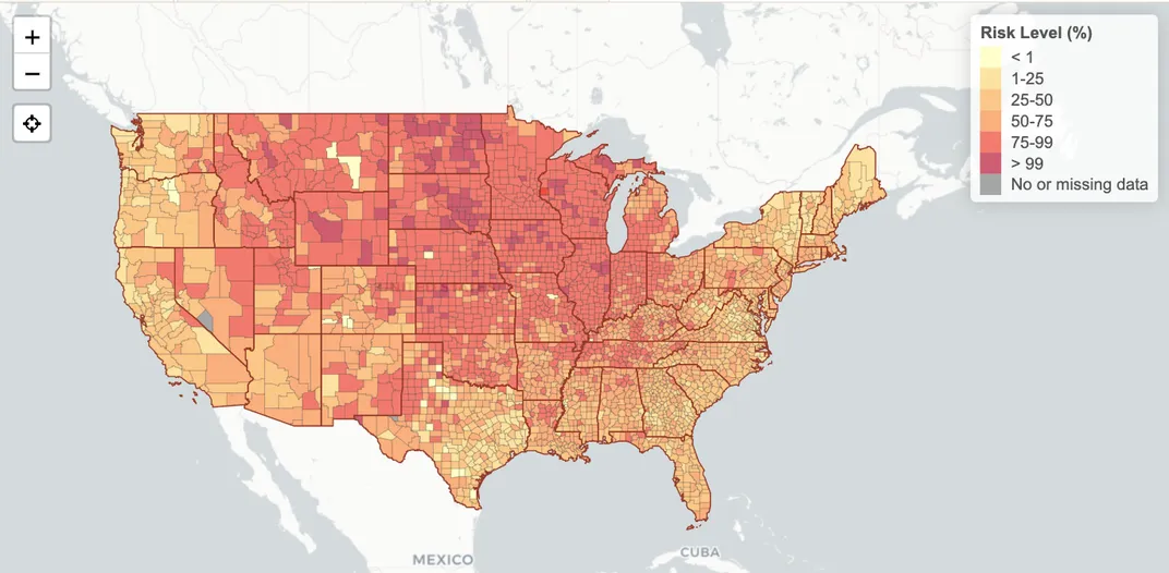 Map of the contiguous United States with counties colored yellow, orange or red