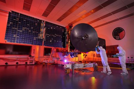 Engineers working on the Hope space probe prior to launch.