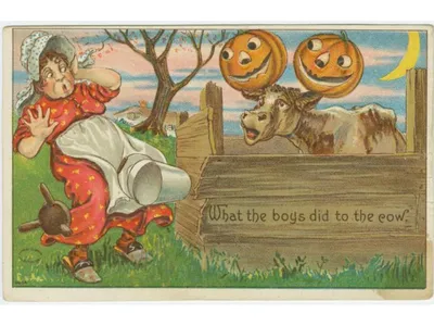 A 1908 postcard depicts Halloween mischief.