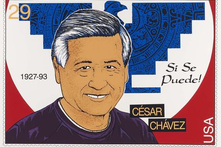 Portrait of Cesar Chavez in the style of a U.S. postage stamp