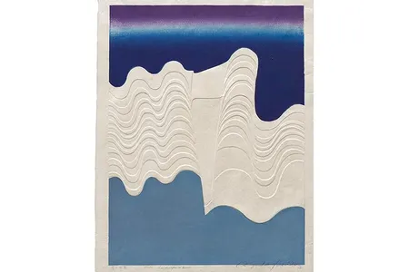 Landscape in Blue, color woodblock print with embossing on paper, by Yoshida Chizuko, 1972. The print is one of at least 30 works in the new exhibition.