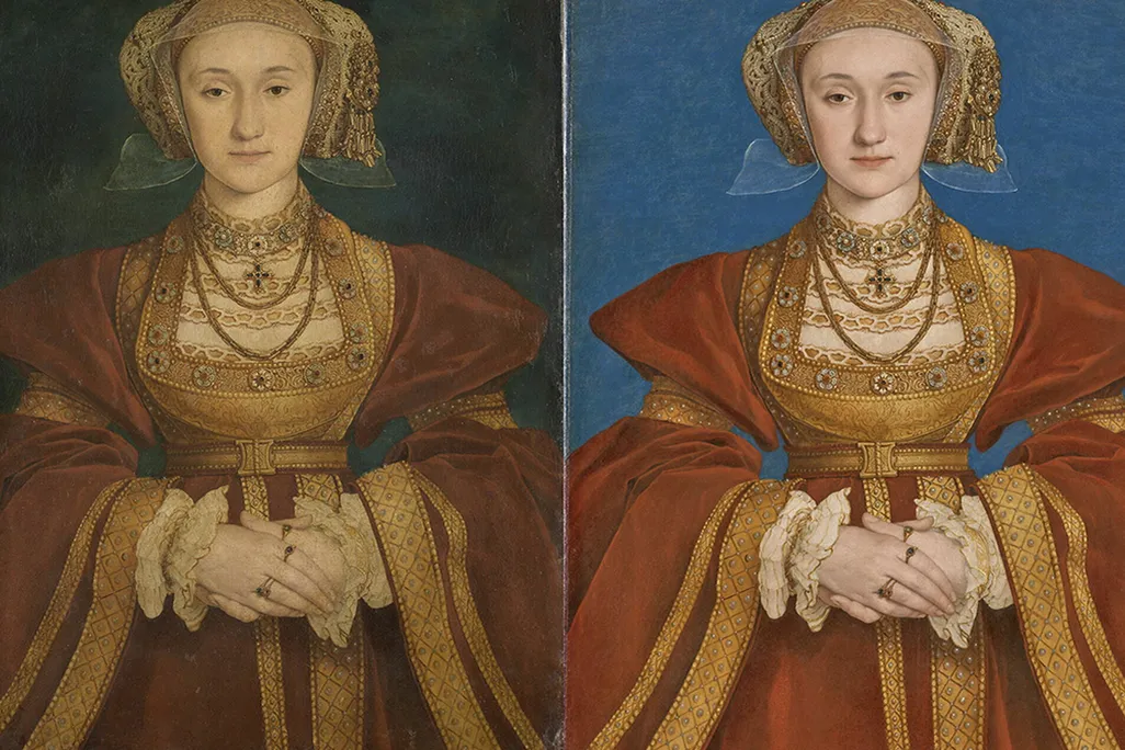 Hans Holbein the Younger's 1539 portrait of Anne of Cleves before (left) and after (right) conservation