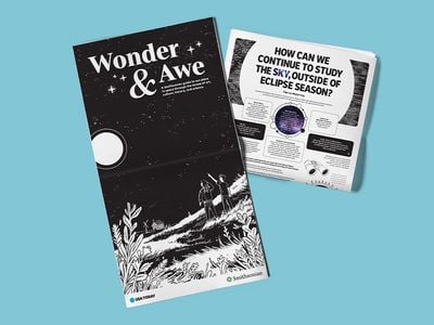 Light blue background with a newspaper extended featuring the words "Wonder & Awe" and a folded newspaper highlighting eclipse news