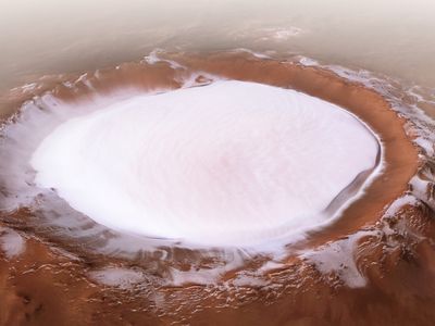 The European Mars Express spacecraft captured this image of icy Korolev crater on Mars in 2018.