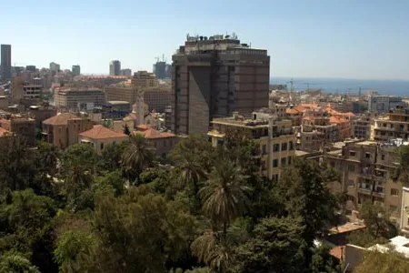 View of Beirut, Lebanon, with palm and pine trees in the foreground