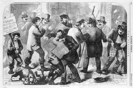 A cartoon entitled "At the Polls," depicting an election day brawl, that appeared in Harper's Weekly in 1857.