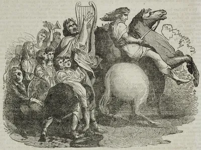 An 1838 illustration of Pindar, the lyric poet from ancient Greece, reciting one of the Olympian odes