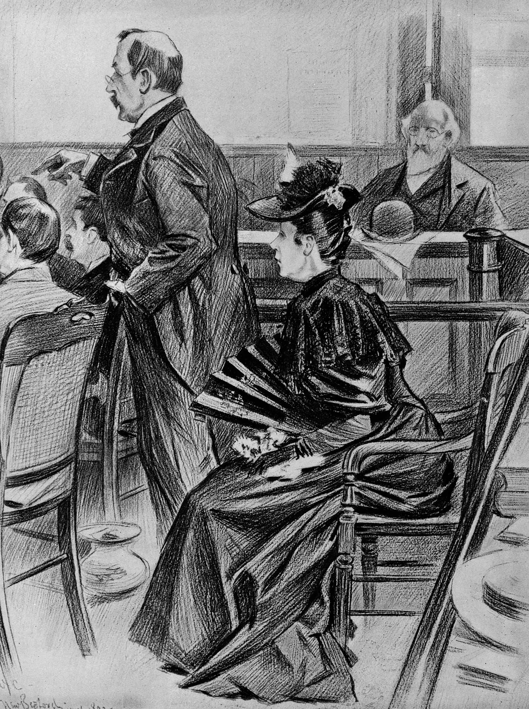 A sketch of Lizzie Borden in court
