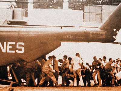 During the United States’ final 24 hours in Vietnam, American nationals and Vietnamese refugees were crowded onto Marine and Air Force helicopters that landed within the U.S. embassy compound.