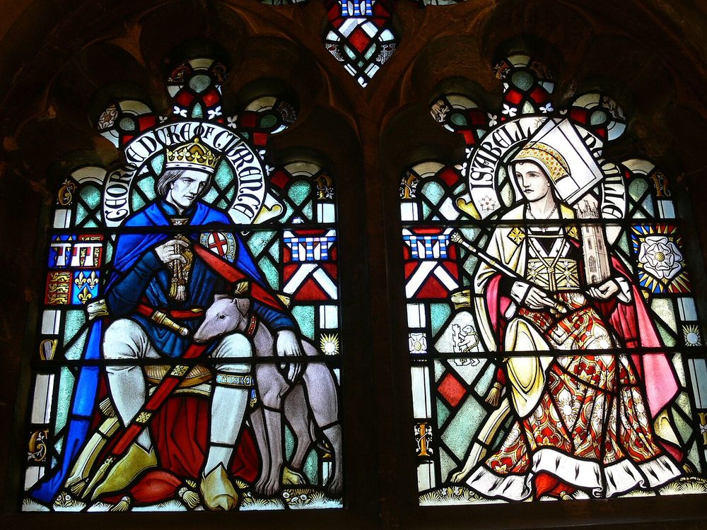 Stained-glass windows depicting George Plantagenet, Duke of Clarence, and his wife, Isabel Neville