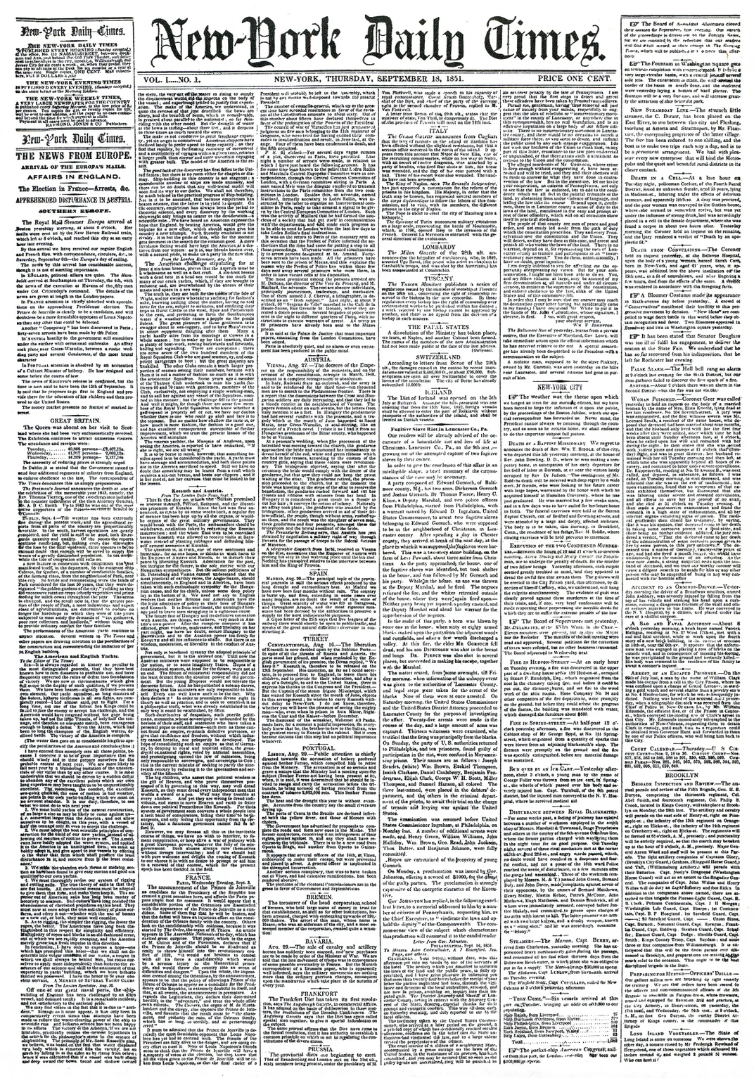 The first issue of the New-York Daily Times, published on September 18, 1851