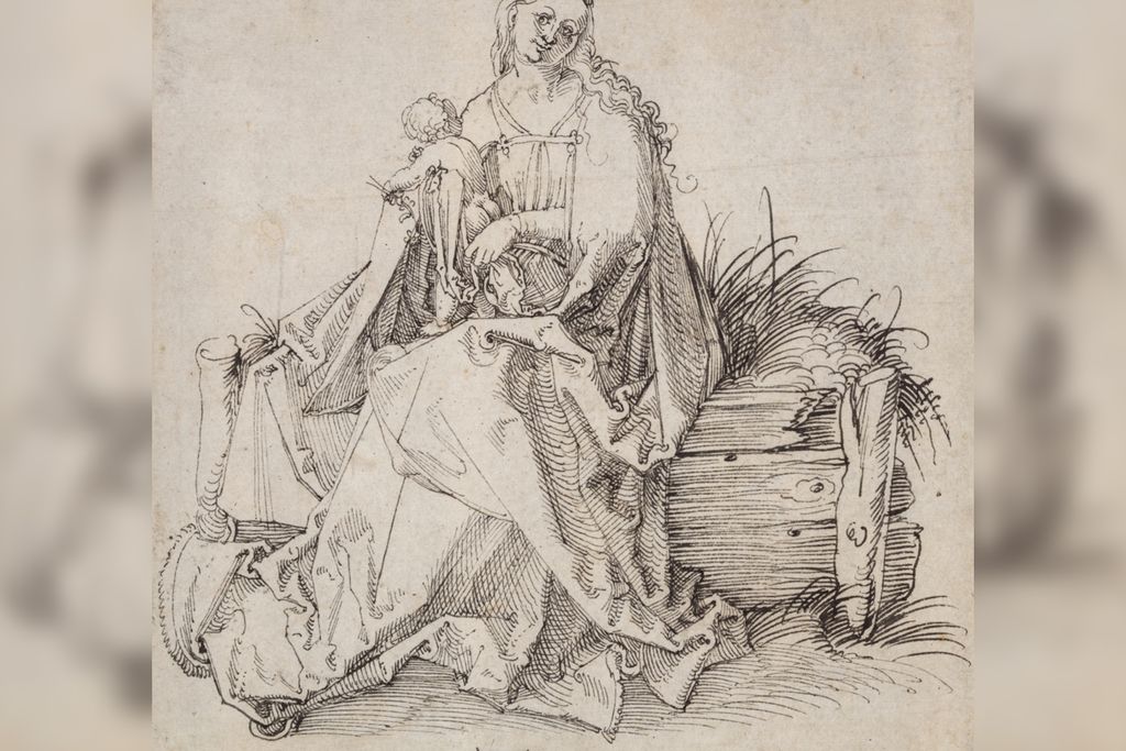 A sketch of the Virgin Mary, smiling and seated on a grassy patch of grass held up by a wooden fence, holding a squirming baby Jesus