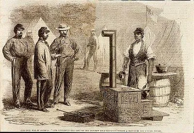 An African American soldier is shown cooking at the camp kitchen of 2nd New York Regiment during the Civil War