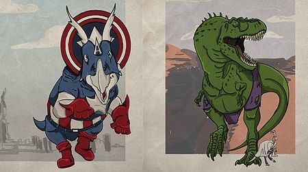 Superhero dinosaurs: Captain America as Triceratops; Tyrannosaurus as the Hulk and Compsognathus as Bruce Banner; Ankylosaurus as Thor.