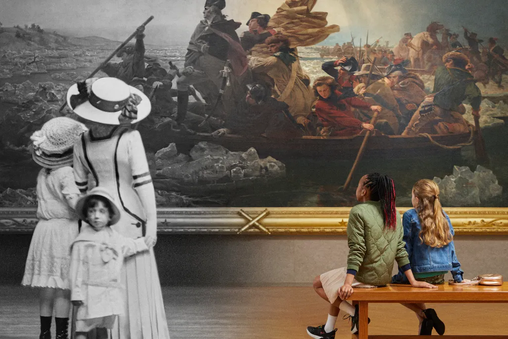 A composite image that goes from black and white archival image with A woman in a hat and floor length old fashioned dress and two children left to a color 21st century image right of two young people sitting and facing the large painting