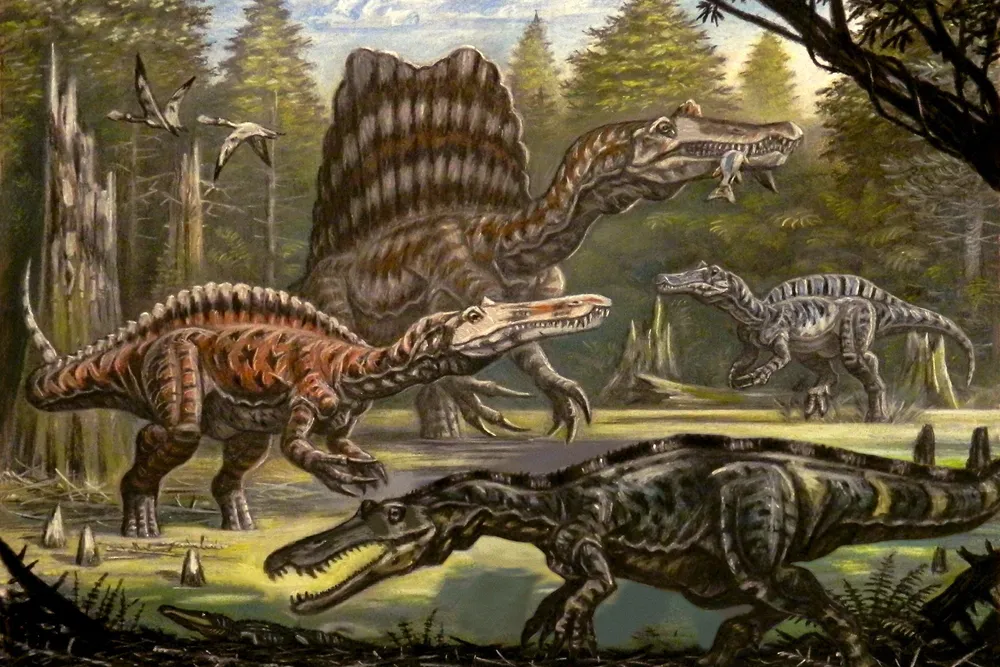 An illustration of four spinosaurids in a prehistoric environment, including the sail-backed Spinosaurus aegypticus eating a fish and Baryonyx in the front