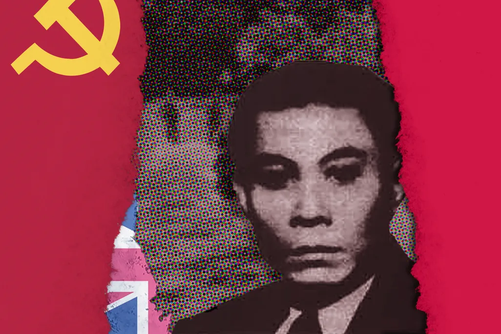 Illustration of Lai Tek in front of the Malayan Communist Party flag
