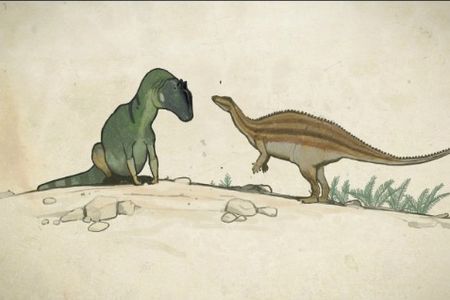 A cautious Camptosaurus approaches a resting Allosaurus. Even though the carnivore undoubtedly hunted the herbivore at times, the two weren’t constantly at war with each other.