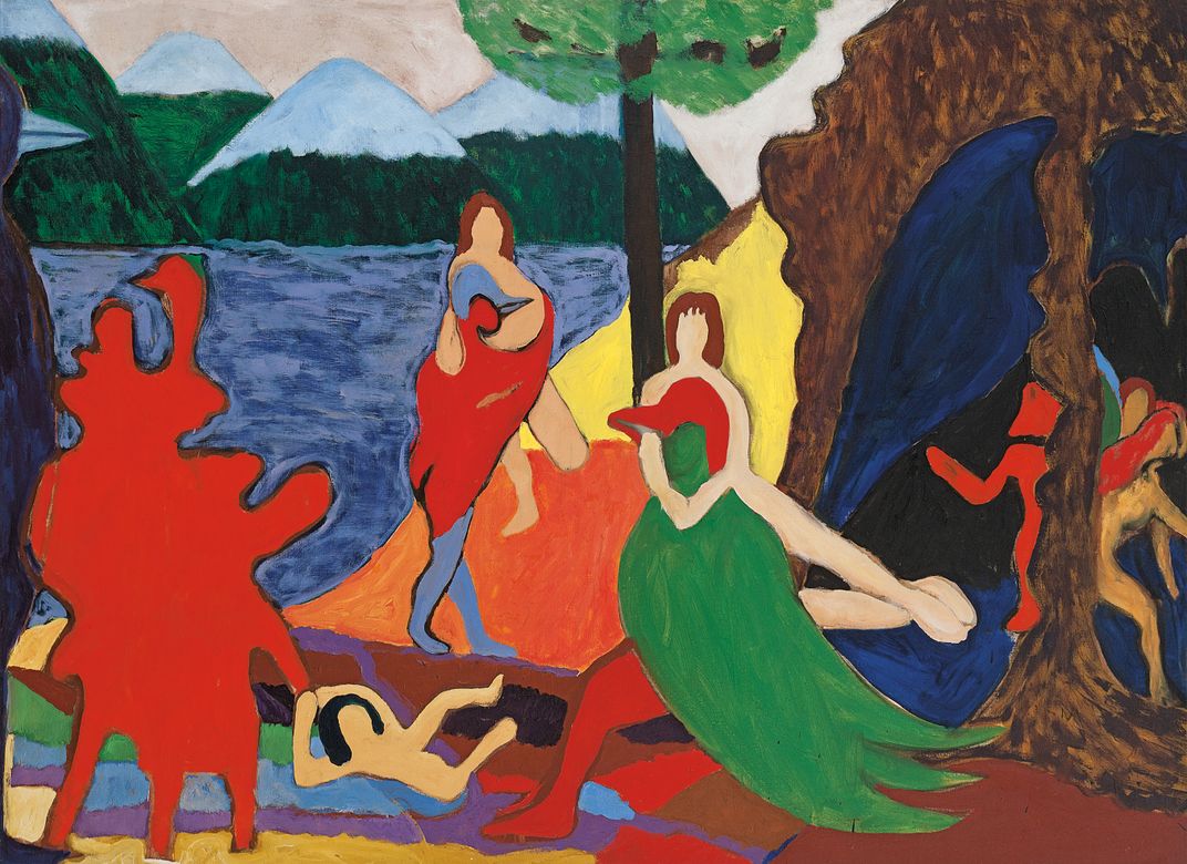 a colorful painting depicting a outside party