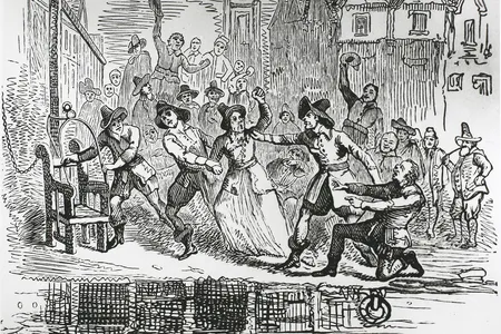 Drawing of a woman being dragged to a ducking stool at a river in Ipswich, Suffolk, around 1600