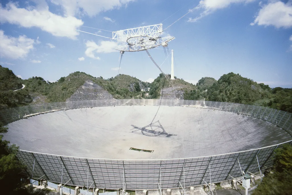 The wide grey dish of a radio telescope, with trees and blue sky in the background
