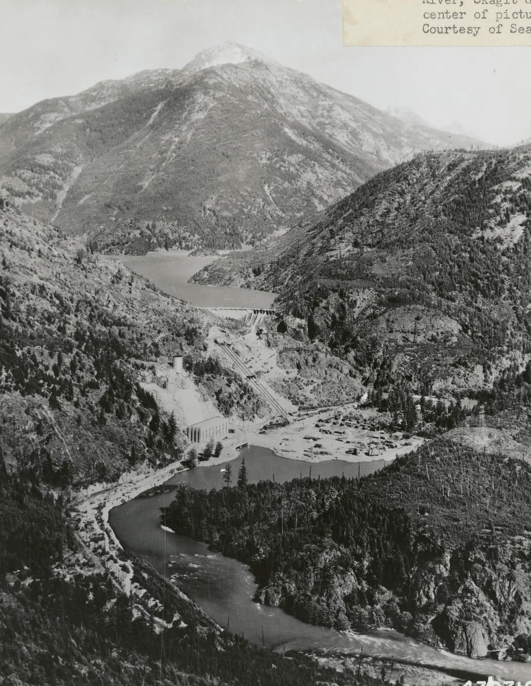 View of the Skagit River, with the Diablo dam (completed in 1930) visible