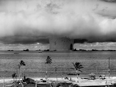 The "Baker" explosion at Bikini Atoll, July 25, 1946.
