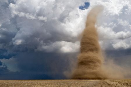 A close-range view of a landspout tornado in western Kansas, 2008.