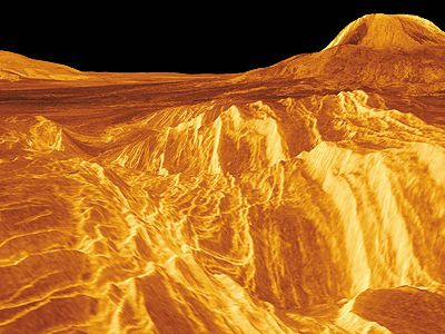 Most pictures of the Venus surface are synthetic, like this view of a volcanic region called Eistla, created from Magellan orbital radar data. The SAGE lander would take actual photos from ground level.