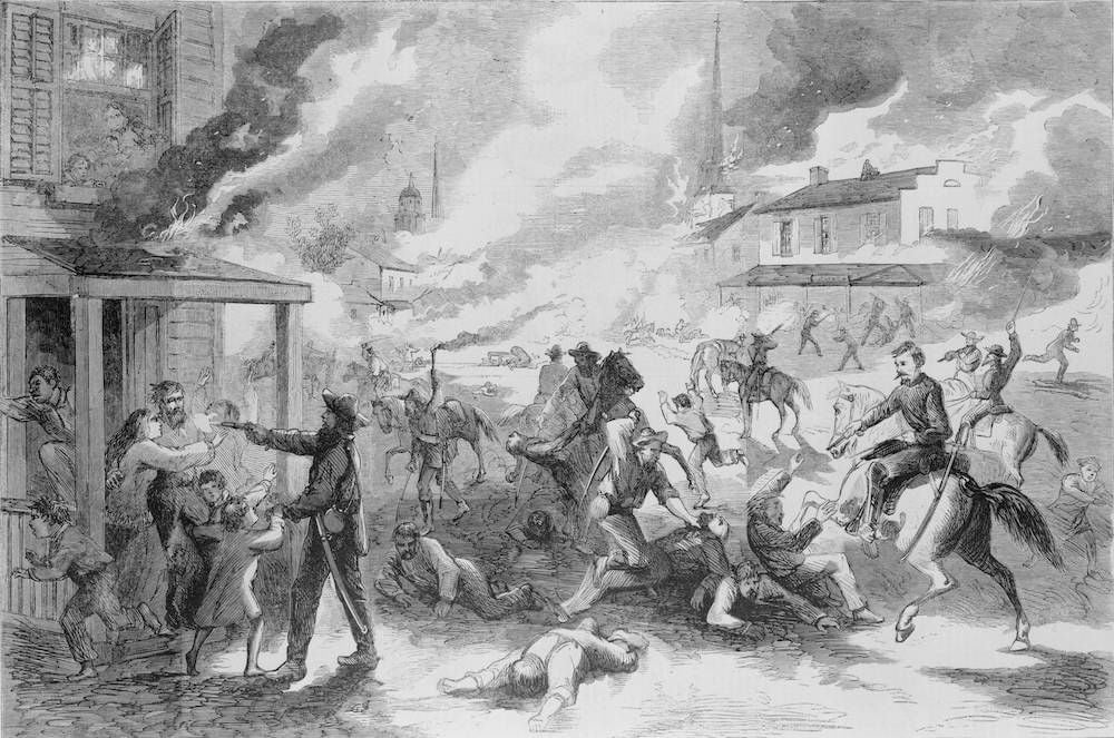 A print from Harper’s showing Quantrill’s raid on Lawrence, Kansas, August 21, 1863