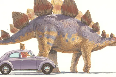Patrick O'Brien, "Dinosaur and Volkswagen," Gigantic, 1998, oil on canvas - How big is “gigantic?” Patrick O'Brien shares his life-long fascination with the illustrations of prehistoric animals in children's books with a new generation of young readers. Other images in Gigantic compare dinosaurs with modern devices such as monster trucks, cherry pickers and tanks. O’Brien lives in Baltimore, Maryland.