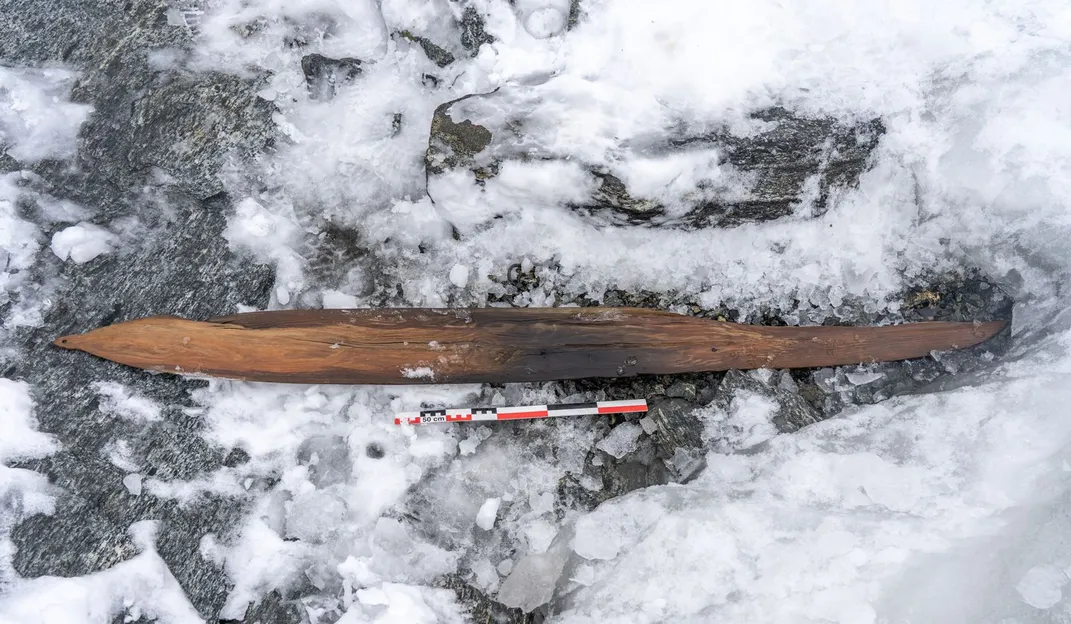 A 1,300-year-old wooden ski found at the nearby Lendbreen mountain pass