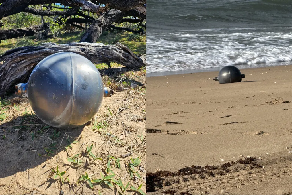 a collage of two images with metallic-looking spheres on sand