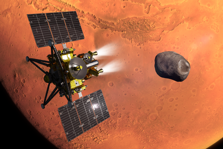 An artistic rendering of the&nbsp;MMX spacecraft next to the potato-shaped Martian moon Phobos