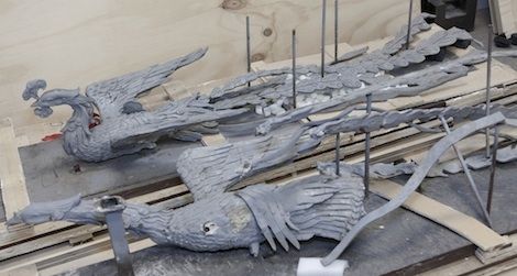 View of Xu Bing’s Phoneix models in transit.