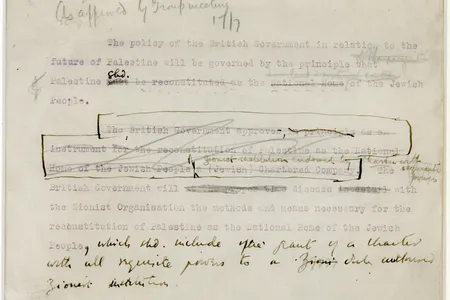 Draft of The Balfour Declaration with handwritten notes, 1917