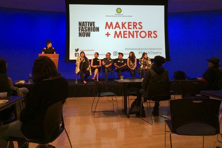 Native artists sharing experiences and their thoughts on design and inspiration. From left: Fashion and textile historian Regan Loggans, fashion designer Patricia Michaels, fashion designer Niio Perkins, fashion designer and multimedia artist Loren Aragon, artist and apparel designer Jared Yazzie, fashion model Jade Willoughby, and editorial hair stylist Amy Farid.