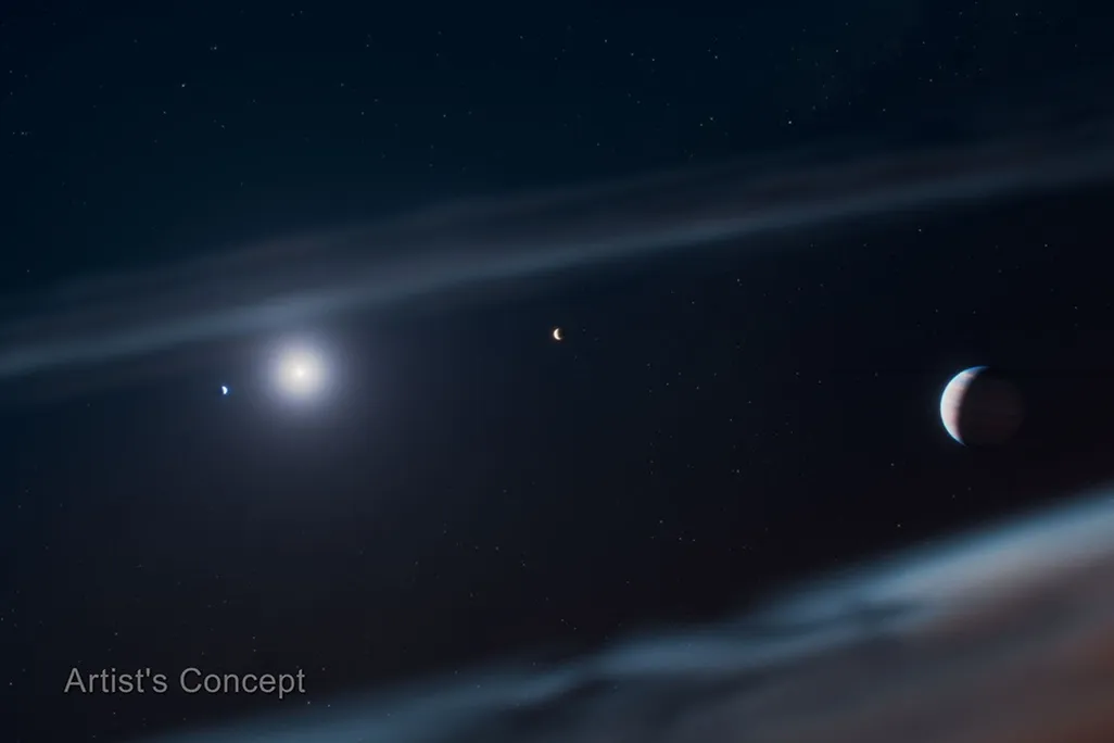 an artist's concept of three planets orbiting a star with a debris disk surrounding them